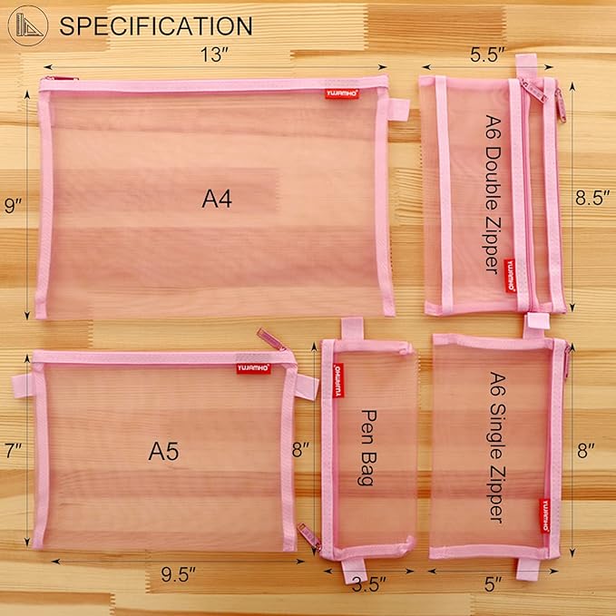 Pendancy Mesh Zipper Pouch 5pcs Lightweight Nylon File Folders Document Organizer Cosmetic Bags Accessories Storage for Travel and Office Supplies(Pink, A4 A5 A6)