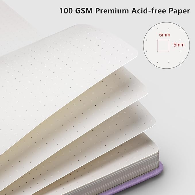 RETTACY Bullet Dotted Journal, A5 Dotted Notebook Journal with 192 Pages, 5.7'' × 8.3'', Medium Size, 100 GSM Thick Paper, Leather Hardcover, Bullet Journaling, Planning (Purple)