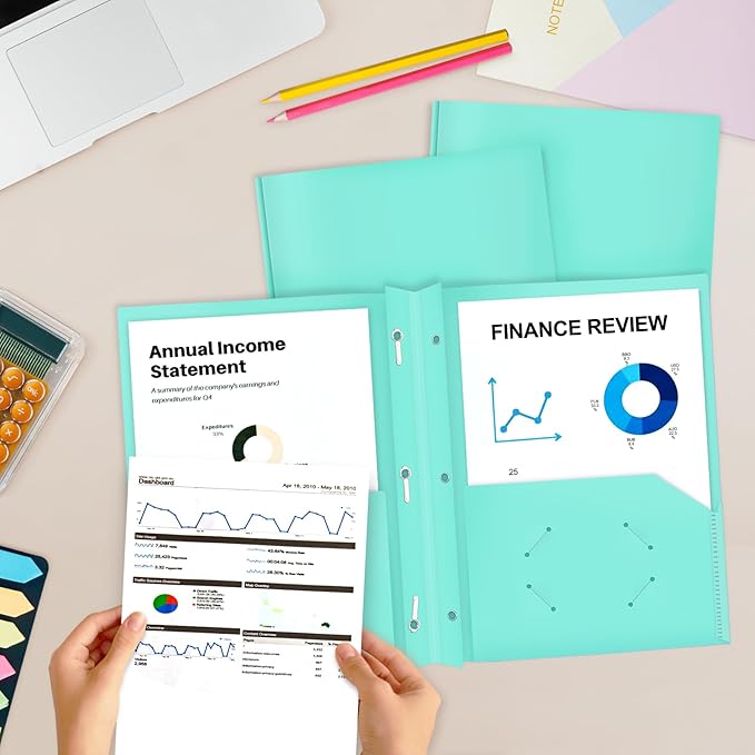 ViVin 12-Pack Pastel Color Folders, Durale Plastic Folders with Pockets and Prongs, 2 Pocket Letter Size Poly File Folders with 3-Prong Fasteners, Cute Folders for School, Home and Office(Light Green)