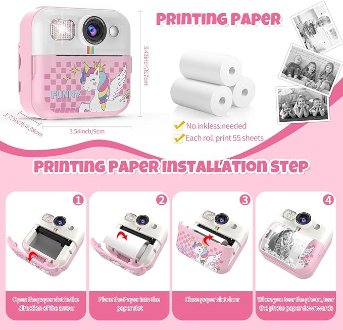 Kids Camera,Toddler Camera Instant Print Toys,1080P Children Printable Camera,Pink Selfie Camera Christmas Birthday Gifts for Girls Boys Age 3-10 with 3 Roller Photo Paper