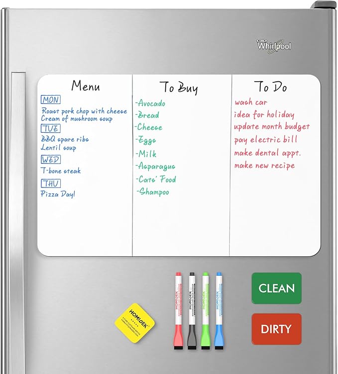 Magnetic Dry Erase Board: Small Fridge Whiteboard, Flexible Refrigerator Magnet White Board, Blank Writing Note Sheet with Dishwasher Magnet Clean Dirty Sign, 4 Markers & Eraser - 20 x 13