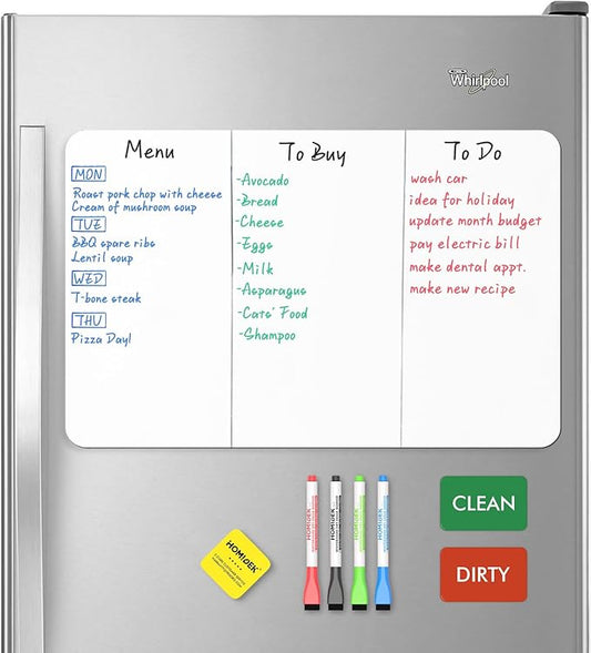 Magnetic Dry Erase Board: Small Fridge Whiteboard, Flexible Refrigerator Magnet White Board, Blank Writing Note Sheet with Dishwasher Magnet Clean Dirty Sign, 4 Markers & Eraser - 20 x 13