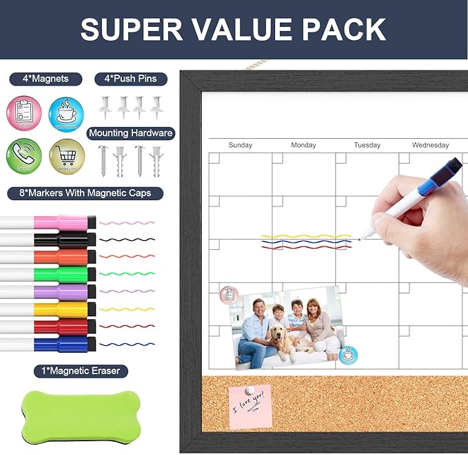 Dry Erase Calendar for Wall, 18x24 Inches Dry Erase Calendar Cork Board Combo, Magnetic White Board with Wood Framed, Hanging Dry Erase Board for Planner Home Office Kitchen Memo