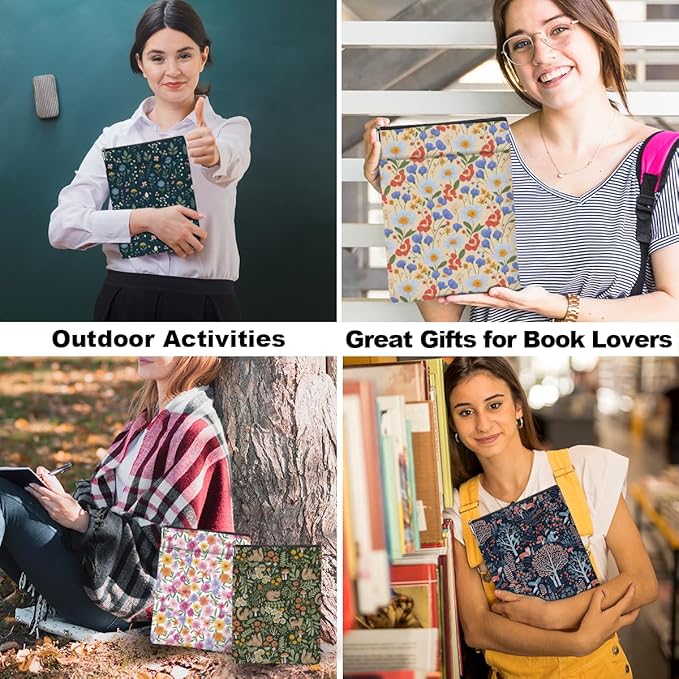 5PCS Waterproof Book Sleeve Book Pouch Protector with Zipper and Front Pocket Books Cover for Women Girl Books Lover Reader Librarian Reading Accessories Bookish Gifts, Cute Wildflower Forest Cat Fox