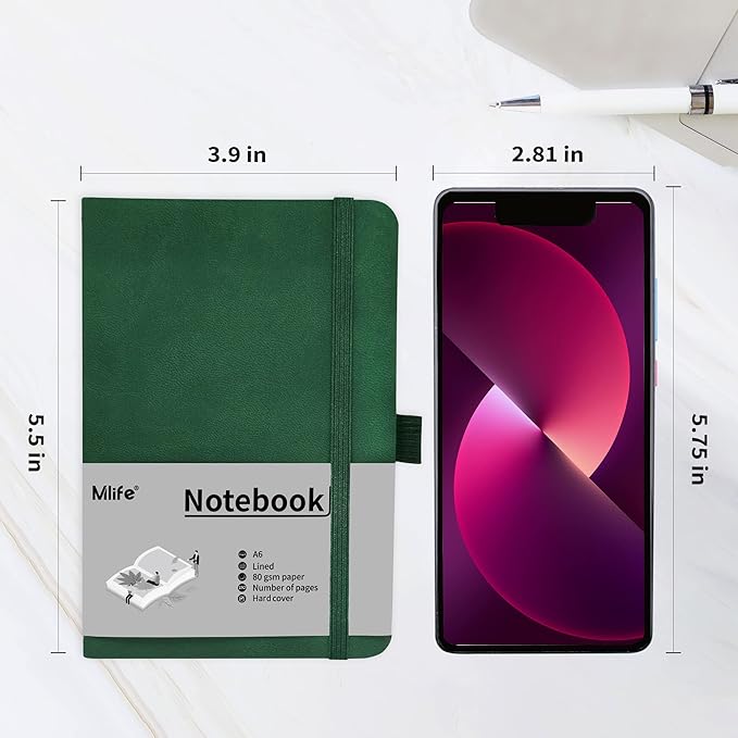 Mlife A6 Small Journal Notebook, Lined Pocket Notebook with Pen Holder, Mini Hardcover Notebook, 192 Pages, 3.9 inches * 5.5 inches Jurnal for Women and Man (3Pack Green)