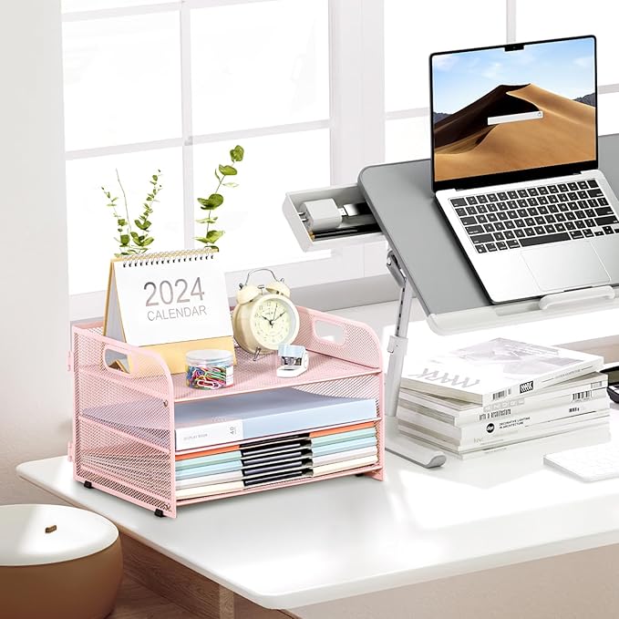 3-Tier Letter Tray Paper Organizer with Handle,Compact Mesh Desk File Organizer for Home Office Supplies Desktop Accessories,Pink
