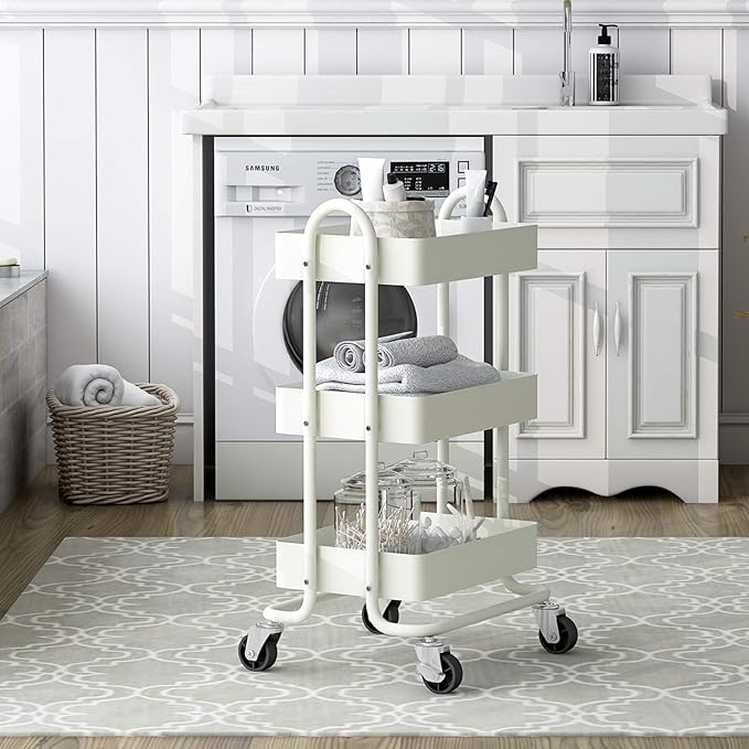 3-Tier Rolling Cart,Metal Rolling Utility Cart with Handle,Steel Multifunction Carts with Wheels,Kitchen Storage Carts Suitable for Office,Home,Kitchen,Garden（13.4"x18.1"x31"） White