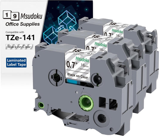 Tape Tze Tz Clear Compatible with 18mm 0.7 Laminated Brother P Touch Label Maker Tape TZe-141 TZe141 Label Tape for PT D400 D600 D610 P710BT, Black on Clear, 3/4 Inch x 26.2 Feet