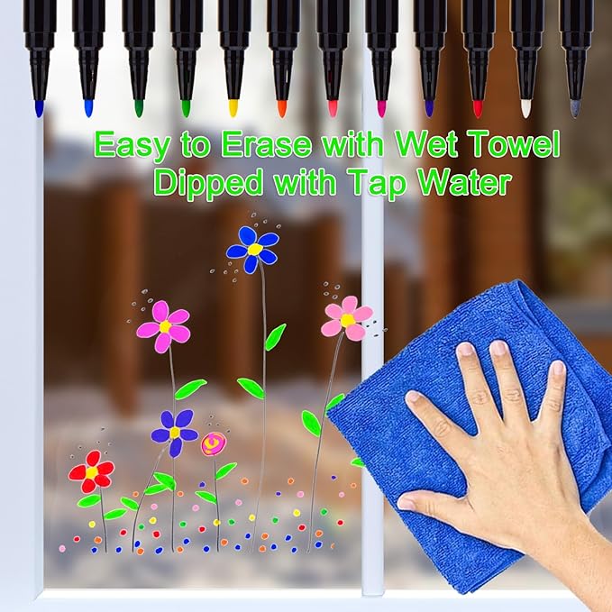 24 x Chalk Markers,Liquid Chalk Markers, Chalkboard Markers for Acrylic Fridge Calendar Board,Window, Mirror,Glass,12 Vibrant Colors, 1mm Fine Points