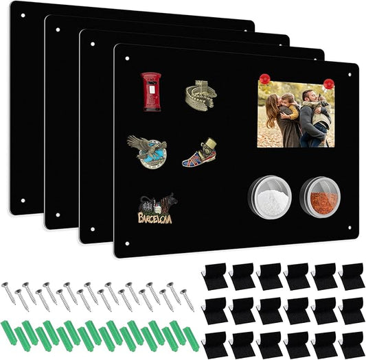 4 Pack Magnetic Board Black, 17" x 12" Metal Bulletin Board for Wall to Display Magnetic Notes, Stickers, Photos, Suits for Wall, Cabinet, with Dual Lock Tape and Screws for Easy Hanging