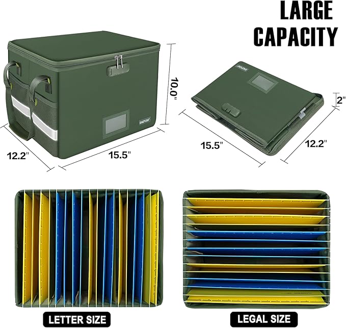 ENGPOW File Box with Lock,Fireproof Document Box with Pockets,Collapsible File Storage Organizer Filing Cabinet with Handle,Portable Home Office Safe for Hanging Letter/Legal Folders,2 Pack(Green)