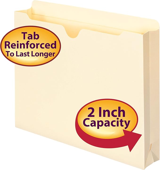Smead File Jacket, Reinforced Straight-Cut Tab, 2" Expansion, Letter Size, Manila, 100 per Box (75565)