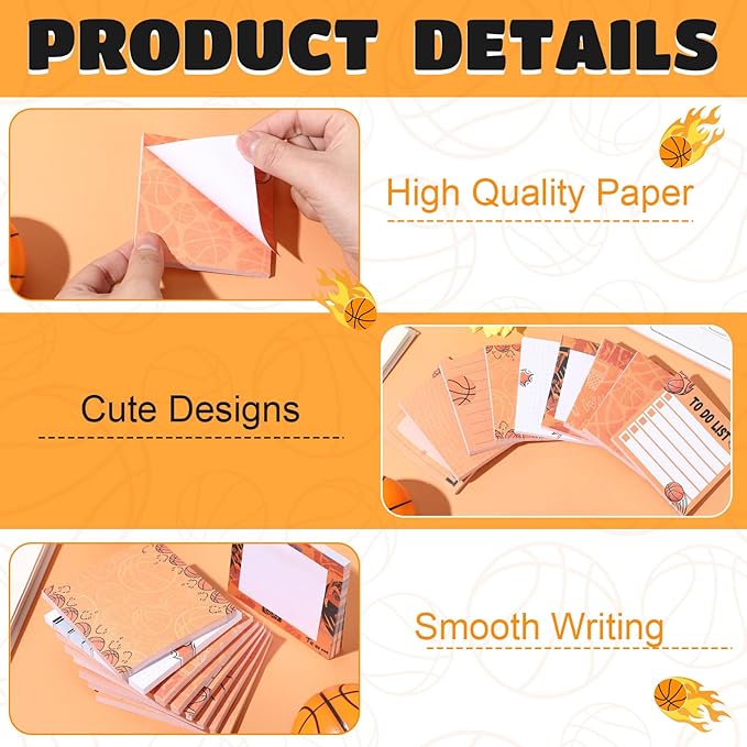 Thenshop 9 Pads Sport Sticky Notes Ball Self Stick Notepads 3x3 Inches Notes Cute Adhesive Memo Pad Gifts for Office Sports Birthday Party Favors(Basketball)