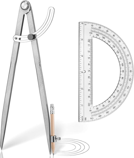Zonon Professional 12 Inch Large Compass with Wing for Woodworking and 6 Inch Protractor Set, Pencil Compass for Geometry Math Carpenter, Drafting, Drawing Tool