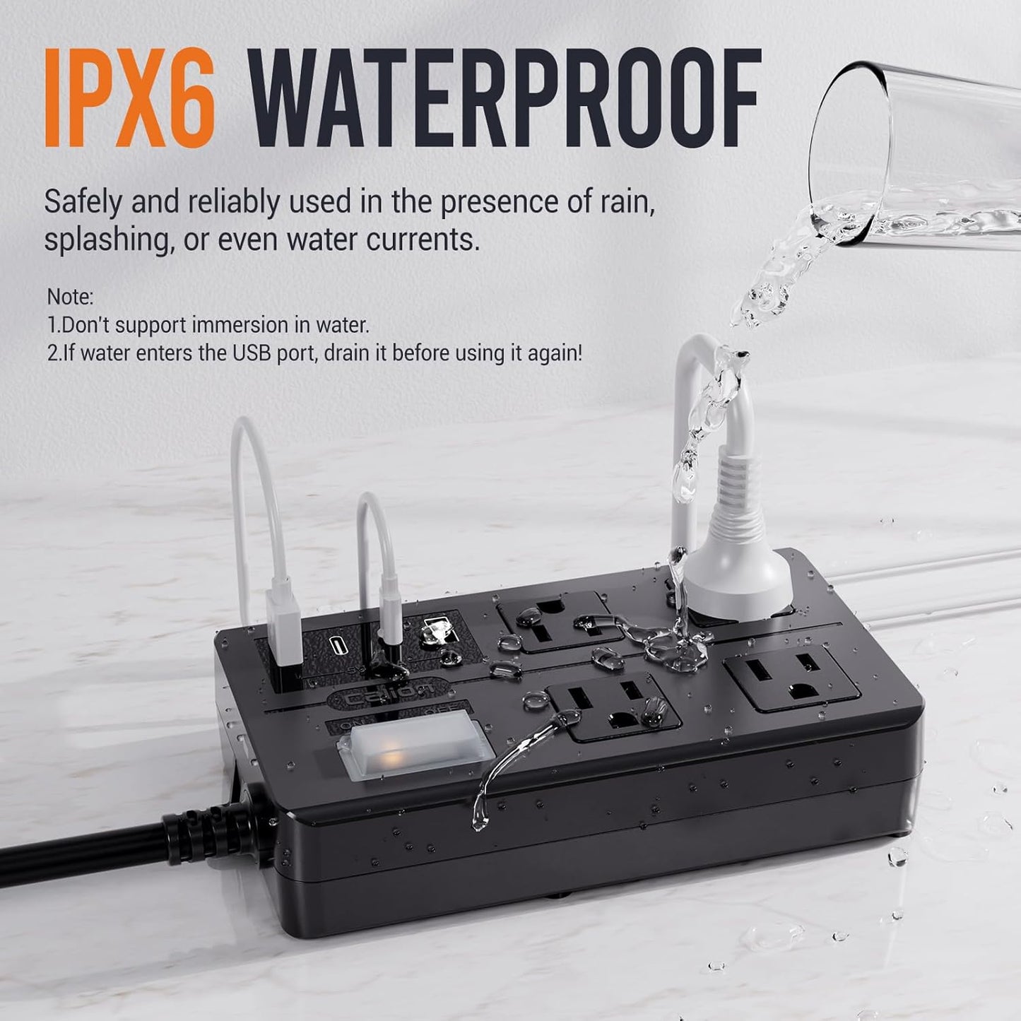 Outdoor Power Strip Weatherproof, IPX6 Waterproof Extension Cord Multiple Outlets with USB Ports, Overload Protection Shockproof,Electrical Power Strip Wall Mountable for Outdoor Decorations…, Black