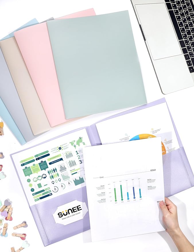 SUNEE 2 Pocket Folders (24 Pack, Pastel Colors) Heavy-Duty Plastic Folders with Pockets, Fit 8.5x11 Letter Size Paper, 2-Pocket File Folders for Kids, Home, School, Office