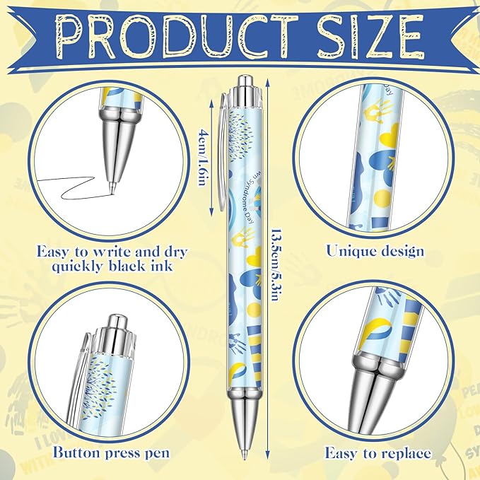 24 Pcs Down Syndrome Pens Bulk Down Syndrome Awareness Party Favors Blue and Yellow Themed Party Decorations Ballpoint Pen for Prizes Office Party Gifts