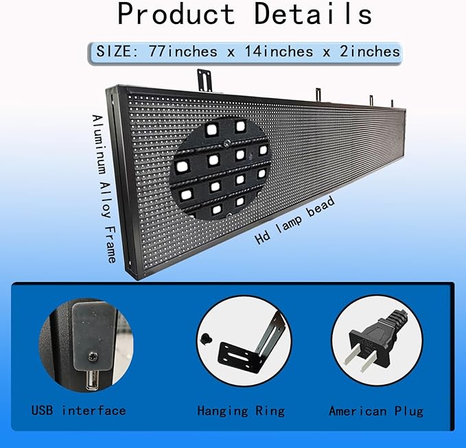 P10 Outdoor Scrolling Led Signs Programmable, Digital Electronic display screen Marquee Message Board custom word for Business Store Restaurant Window Advertising, Full Color High Brightness Wifi Control, 77''x14''