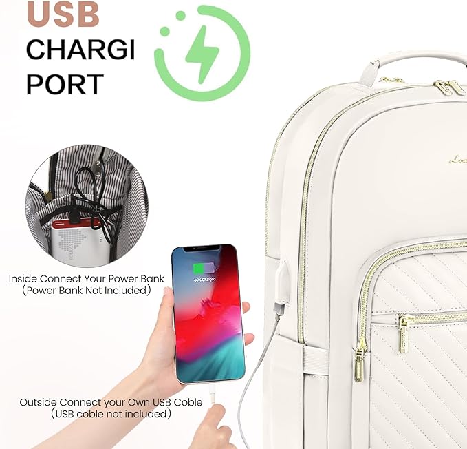 LOVEVOOK Leather Backpack for Women,15.6 inch Leather Laptop Backpack Women Computer Backpack Laptop Bag,Stylish Quilted Travel Backpack Purse Work Bag College Teacher Backpack with USB Port,Off-white