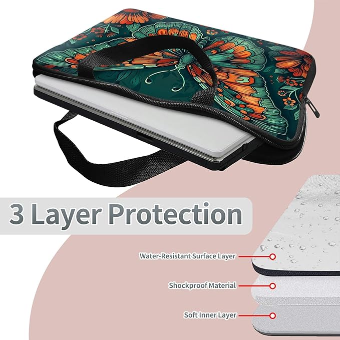 Universal Laptop Sleeve Tablet Case 12 inch, Art Moth Slim Carrying Case Durable Handbag Travel Laptop Bag for Surface Pro 9 8 7/Laptop Go 2 3, MacBook Air 11/12