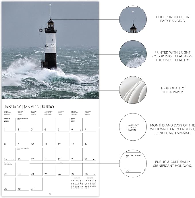 Graphique 2023 Lighthouses Wall Calendar | 12” x 12” | Thick Paper | Home & Office Organizer | Large Monthly Grid | 3 Languages & Marked Holidays | 4 Month Preview Page for 2024…