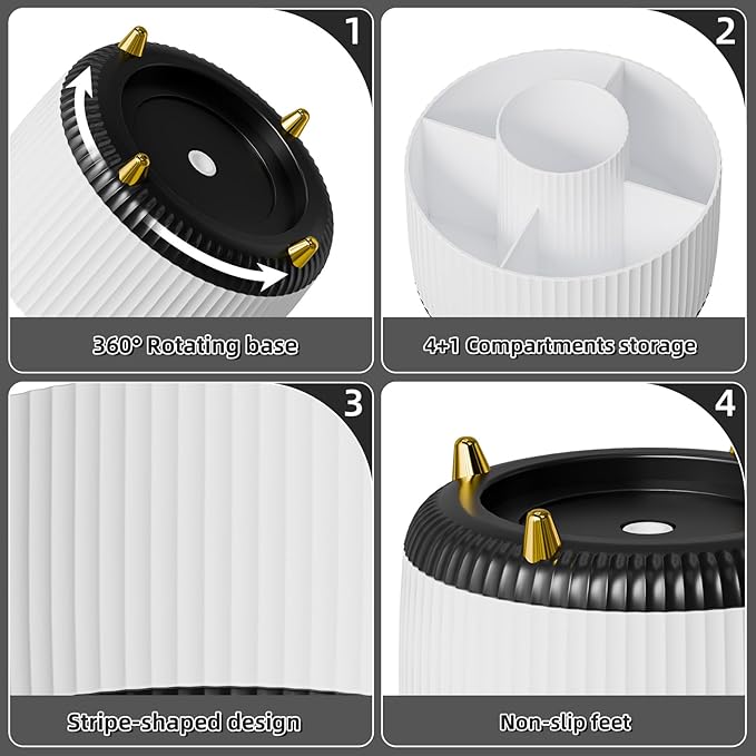 Marbrasse Desk Organizer, 360-Degree Rotating Pen Holder for Desk, Desk Organizers and Accessories with 5 Compartments Pencil Organizer, Art Supply Storage Box Caddy for Office, Home (White+Black)