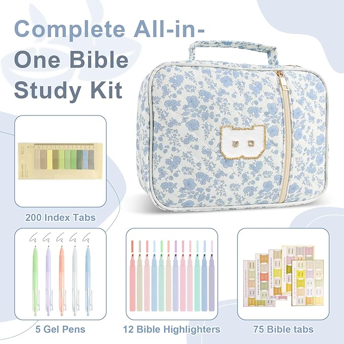 Personalized Initial Bible Cover Case for Women Girls Kid - Large Quilted Bible Case with Handle, Stylish Chenille Letter Bag Study Supplies, Perfect Christmas Gifts for Christians (Blue Flower-B)