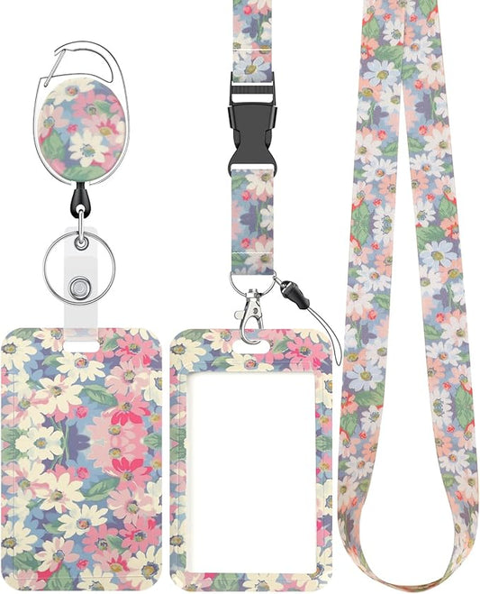 Uniclife Floral Sliding Badge Holder Wild Flower Plastic Case with Retractable Badge Reel Carabiner Clip & Detachable Lanyard Strap Fashionable Vertical Card Protector for Women Teacher Student
