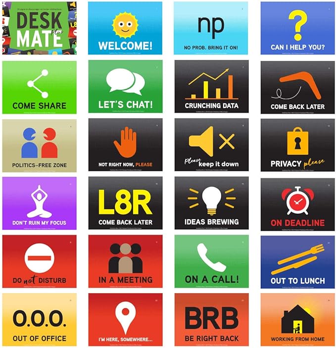 Trainers Warehouse Deskmate Plus - Office Desk Accessories | 24 Signs to Discourage (or Invite) Distractions | Signs for Office - Sturdy Calendar-Style Stands 5"H x 7"W