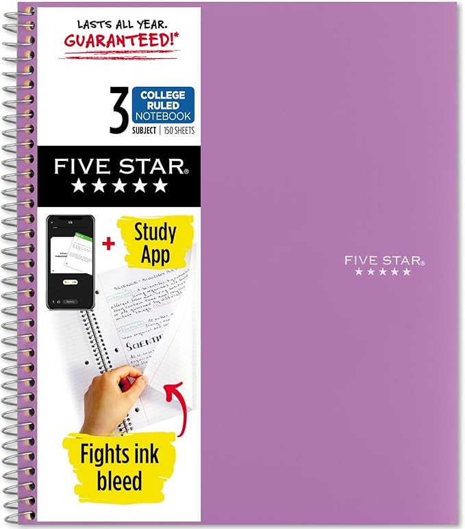 Five Star Spiral Notebook + Study App, 3 Subject, College Ruled Paper, Fights Ink Bleed, Water Resistant Cover, 8-1/2" x 11", 150 Sheets, Purple (38746)