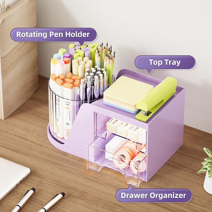 Marbrasse Desk Organizer with 2 Drawer, 360 Rotating Pen Holder, 6 Slots Pencil Organizer + 2 Drawer, Art Supply Storage Box Caddy for Office (Purple)