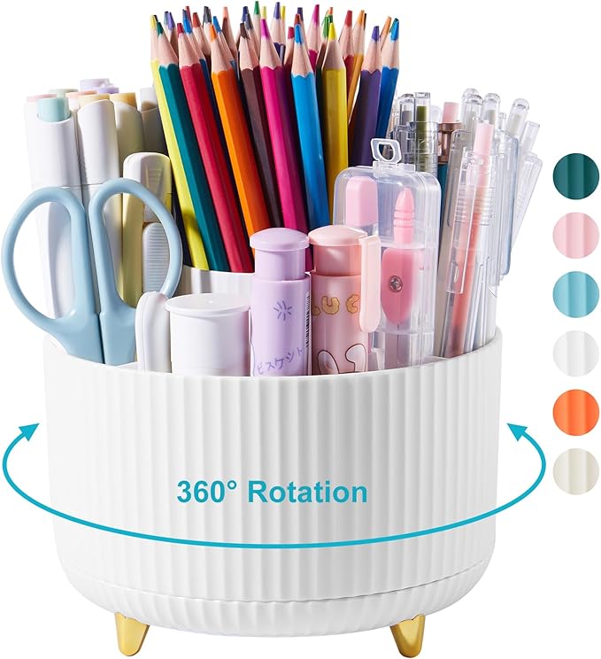 Desk Pencil Pen Holder - 5 Slot 360 Degree Rotating Desk Pen Organizer for Desktop Storage Stationery Supplies Cup Pot - White