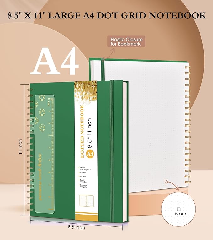 Dotted Notebook, Spiral Notebook Journal 8.5” x 11”, A4 Large Dot Grid Notebooks for Women Men, 100 GSM Dotted Paper, Plastic Hardcover Spiral Bullet Dotted Journals for Work School Sketching, Green