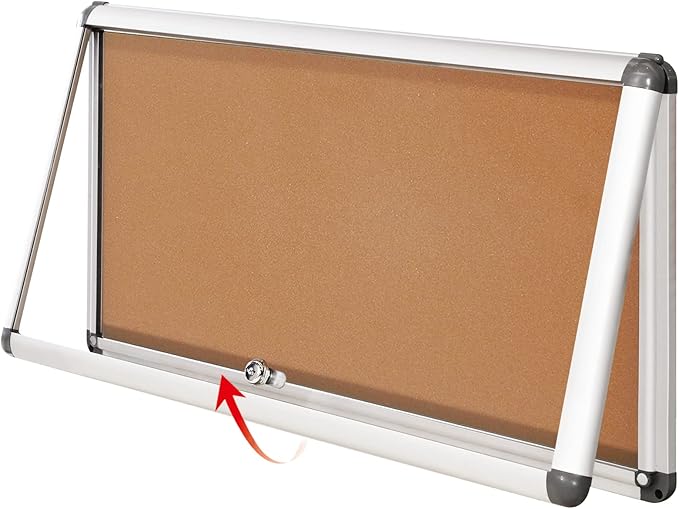 SWANCROWN Lockable Noticeboard Wall-Mounted Bulletin Pin Cork Boards Message Board with Aluminium Frame 28x14 inch
