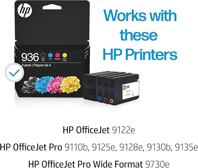 HP 936 Black, Cyan, Magenta, Yellow Ink Cartridges (4-pack) | Works with : OfficeJet 9122e; Pro: 9110b, 9125e, 9128e, 9130b, 9135e; OfficeJet Pro Wide Format 9730e | Eligible for Instant Ink | 6C3Z5LN