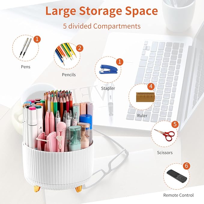 Desk Pencil Pen Holder, 5 Slots 360°Degree Rotating Pencil Pen Organizers for Desk, Desktop Storage Stationery Supplies Organizer, Cute Pencil Cup Pot for Office, School, Home, Art Supply, White