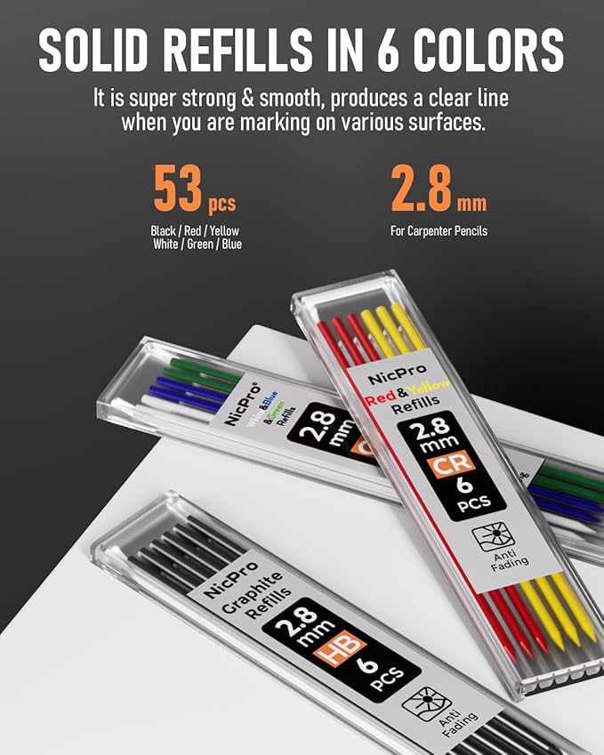 Nicpro 5 Pack Carpenter Pencil with Sharpener & Holders, Mechanical Carpenter Pencils Set with 53 Refills, Deep Hole Marker Woodworking Pencils, Heavy Duty Construction Pencils for Architect-With Case