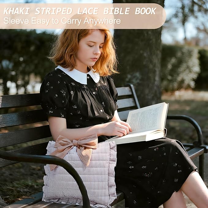 Honoson Quilted Bow Bible Sleeve Book Cover Case Padded Protector Washable Bible Bag Pouch Christian Gift for Women Girls Book Lover Gifts (Khaki Striped)