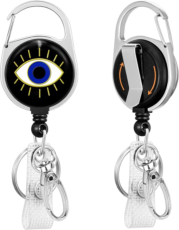 Evil Eye Badge Reel Retractable Heavy Duty with 360°Swivel Carabiner Clip, Cute ID Badge Holder Retractable, ID Card Holder Retractable Keychain Name Badge Clip, Nurse Teacher Gifts