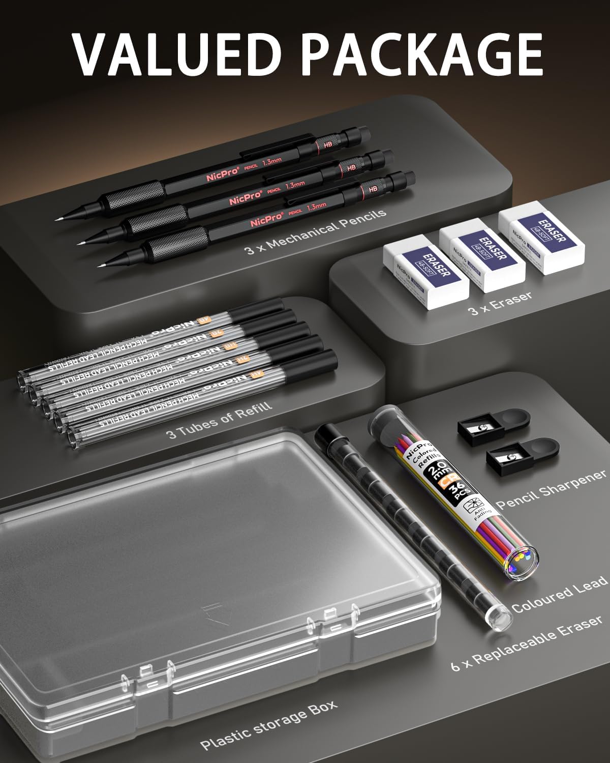 Nicpro 3 Pack 2mm Mechanical Pencils Set with Case, 33 Graphite Lead Refills (4B 2B HB 2H 4H), 36 Colored Lead, Erasers -Weatherproof Metal Barrel, Heavy Duty Carpenter Pencil For Drawing Sketching