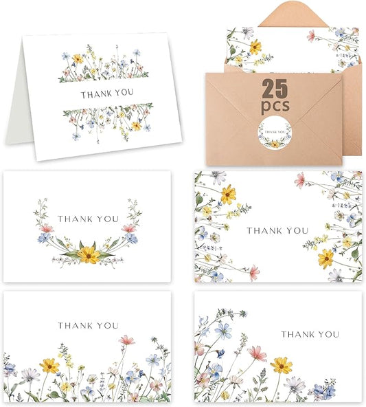 Thank You Cards with Envelopes(25 pack 4x6), Blank Cards with 5 Wildflower Designs, Perfect for Bridal Shower, Baby Shower, Wedding, Birthday, All Occasion
