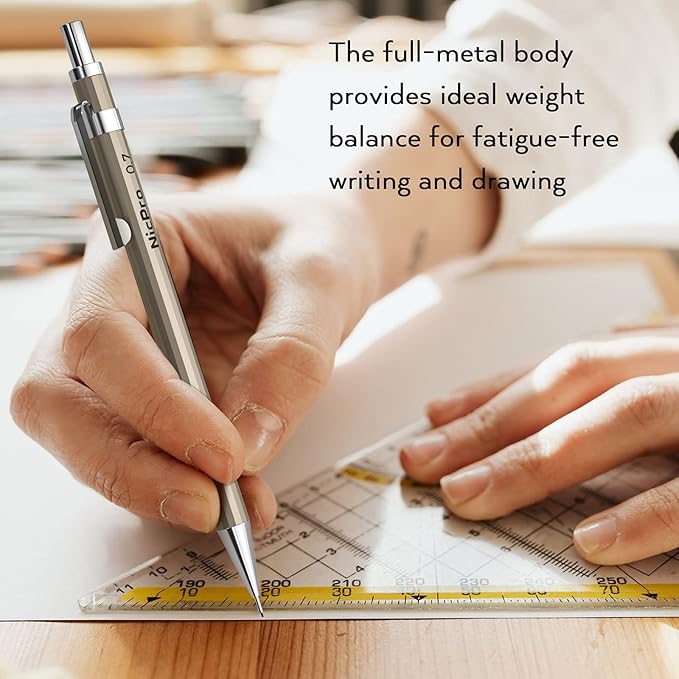 Nicpro 2 PCS 0.7 mm Metal Mechanical Pencils Set, Drafting Pencil for Artist Writing, Sketching, Drawing, with 4 Tubes HB Lead Refill & Erasers, Erasers Refills & Storage Case