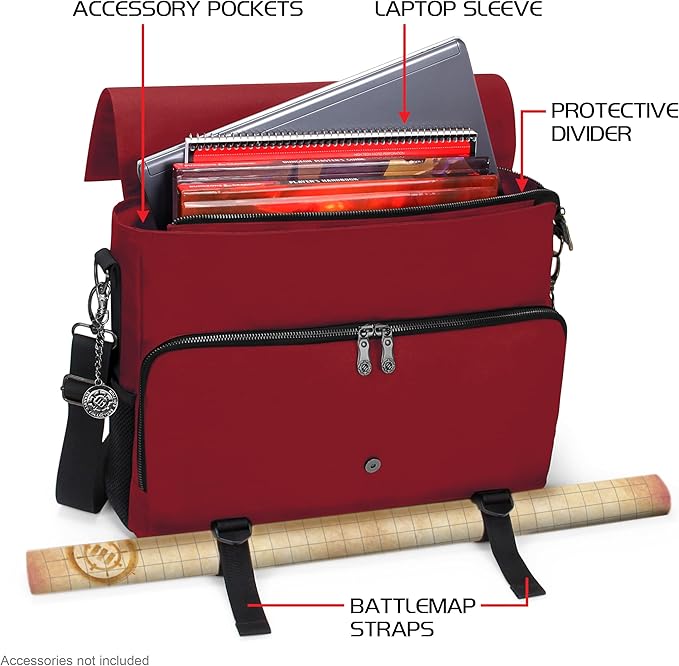ENHANCE Collector's Edition RPG Player's Essentials DND Bag - Dragon Hide Exterior Messenger Bag Fits 2-4 Books, Binders, Dice & Accessories, with 17 inch Laptop Slot, Battlemap Straps (Dragon Red)