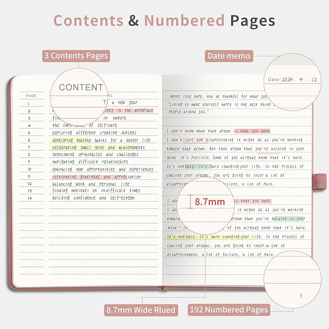 AHGXG Wide Ruled Notebook for School - Lined Journal for Women Men, 192 Numbered Pages, 100 GSM Thick Paper, A5 Hardcover Leather Notebook for Work, Writing, 5.7"×8.3" - Rose Gold