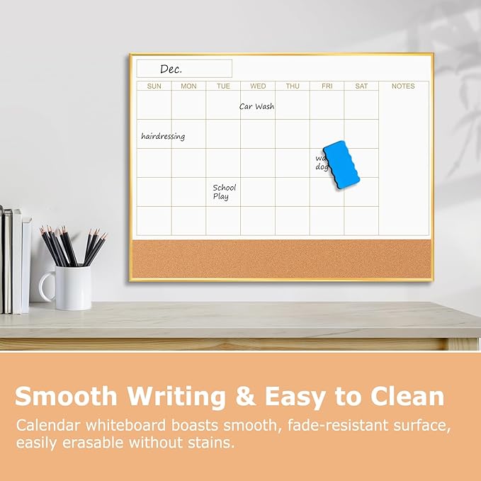 Magnetic Dry Erase Calendar Board for Wall - 36'' x 24'' Monthly Calendar Whiteboard with Cork Board - Gold Aluminum Frame