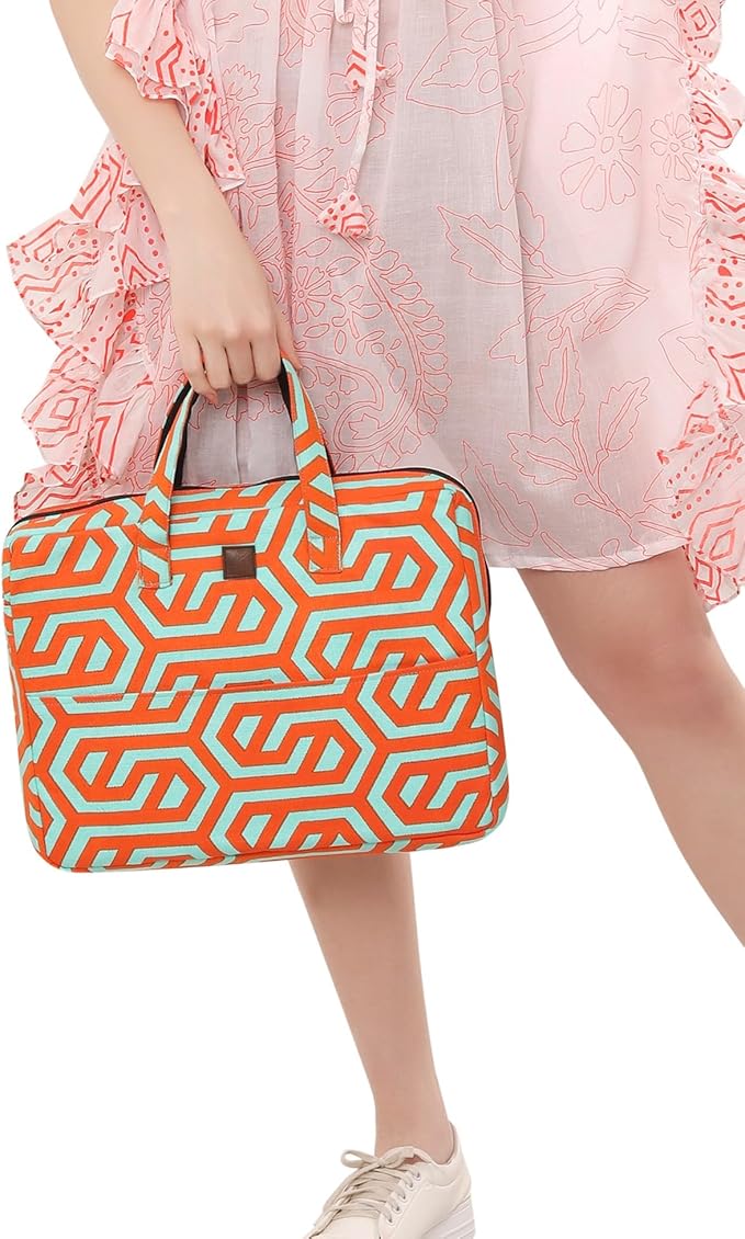 Mint Green And Orange Laptop Bag With Geometric Linked Print FOR 13 TO 15 INCHES MACBOOK, IPAD AND WINDOWS LAPTOP