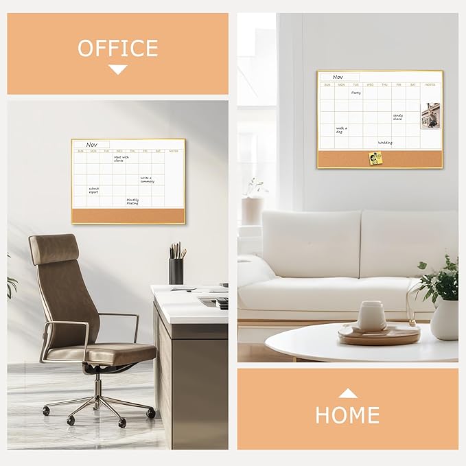 Calendar Whiteboard for Wall - 24'' x 18'' Magnetic Monthly Dry Erase Calendar with Cork Board - Gold Aluminum Frame