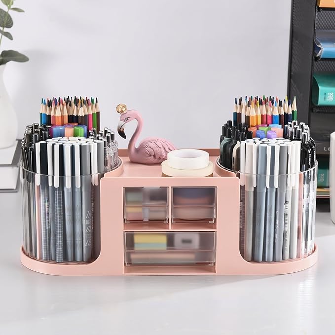 Rotating Desk Organizer with 2 Pen Holder, Desk Organizers and Accessories with 10 Slots Pencil Holder for Desk + 3 Drawer, Art Supply Storage Box Caddy for Office School Home (Pink)