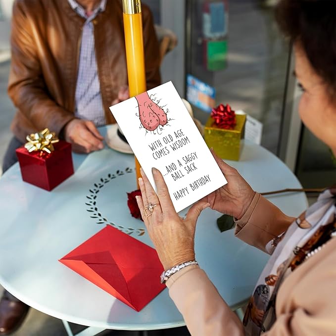 Rude Birthday Card for Husband Boyfriend, Funny Birthday Card for Friend Him(With Old Age Comes Wisdom and the Saggy Ball Sack)