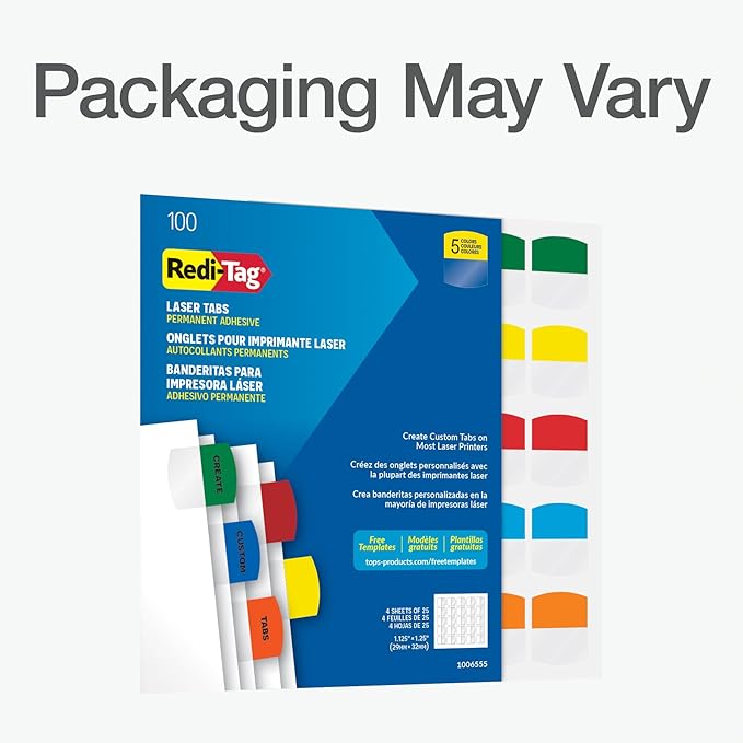 Redi-Tag Laser Printable Tabs, Permanent Index Tabs, Customizable Adhesive Labels, Assorted Primary Colors, 1.125" x 1.25", 100 Per Pack (1006555)